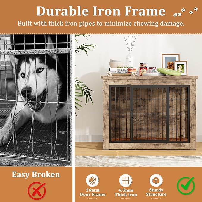 Greesum Modern Dog Crate Furniture That Doubles as a Side Table - Sturdy Wooden Kennel with Double Door Design, Equipped with Soft Cushion & Chew-Resistant Resign, Suitable for Dogs
