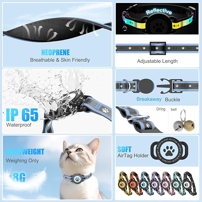 Airtag Cat Collar Breakaway, Reflective Cat Collar with AirTag Holder and Bell, Compatible with Apple Air Tag, Comfortable Padding, Adjustable, Durable (Blue, XS)