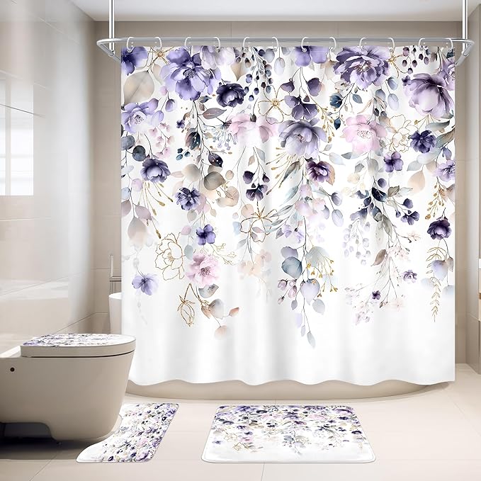 4 PCS Purple Floral Flower Shower Curtain Set 72Wx72H Inch Watercolor Pastel Complete Bathroom Set Non-Slip Bath Rug Toilet Lid Cover and U Shape Mat Accessories 12 Hooks Bathoom Decor