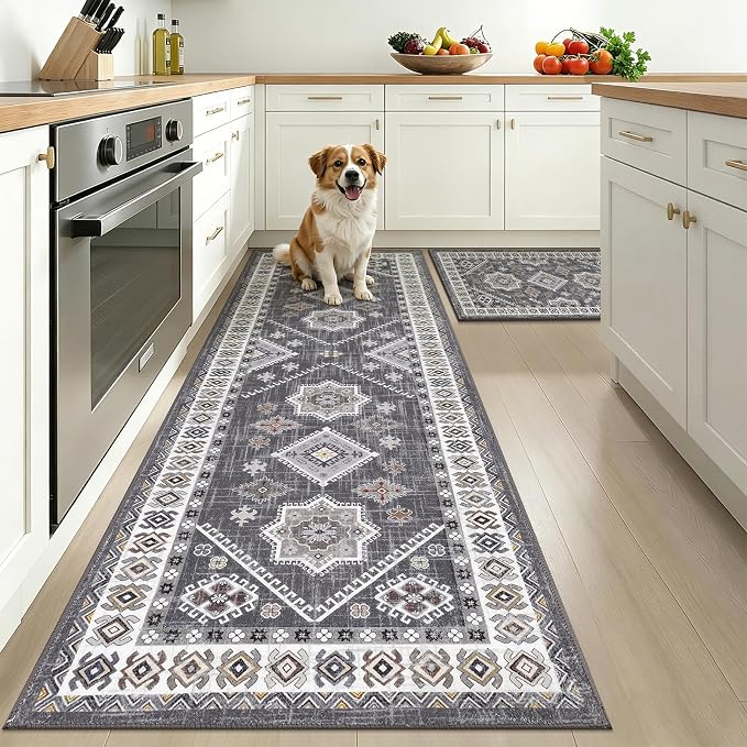 HEBE Boho Kitchen Rugs Sets of 2, Non Slip Washable Kitchen Mats