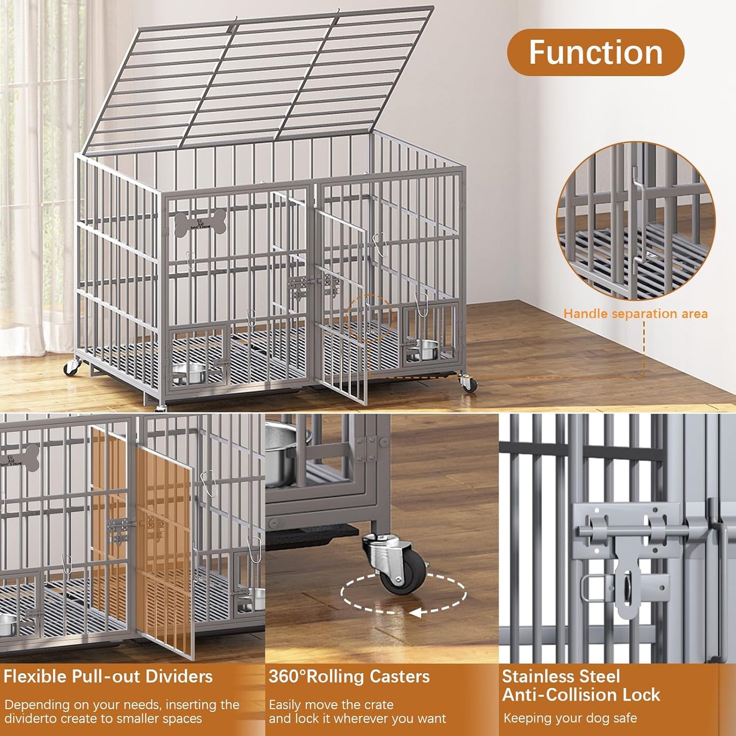 aboxoo 42/48 inch Heavy Duty Metal Dog Crate for 2 Dogs/Large Dog,All Metal Open Top,Dog Kennel Indoor with Wheels,Floor Grid, Tray, Divider and Feeding Bowl (Sliver)