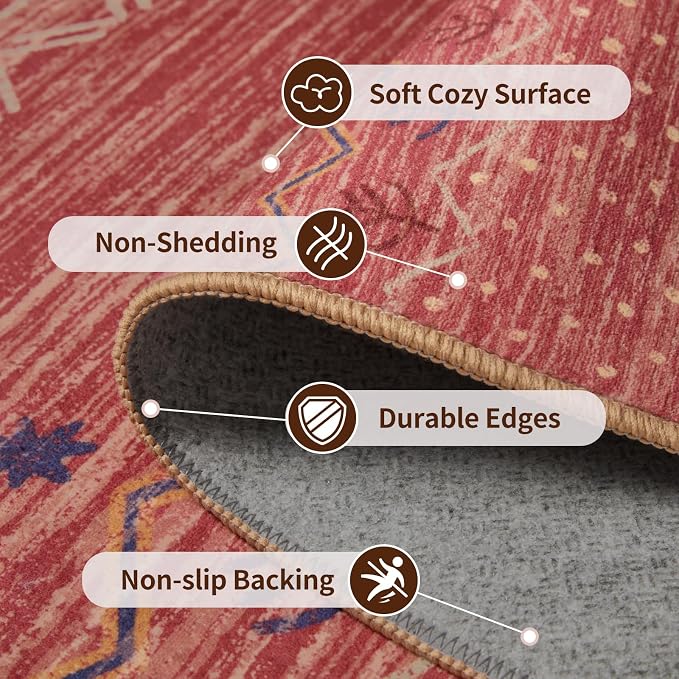 SERISSA 3x5 Area Rugs for Living Room, Washable Non-Slip Red Ochre Small Boho