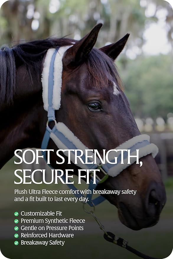 Equinavia Valkyrie Ultra Fleece Breakaway Horse Halter | Padded Fleece Adjustable Safety Halter with Nylon Webbing - Forever Blue/White - Cob