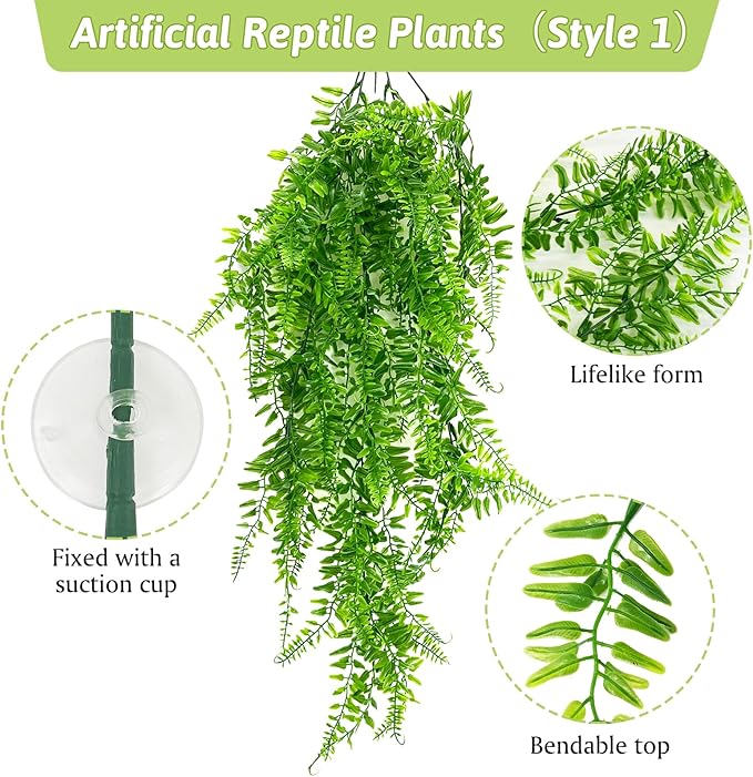 Hamiledyi 5 Pcs Reptile Plants Terrarium Hanging Fake Plant Leaves, Bearded Dragon Tank Accessories, Habitat Decor for Snake Leopard Gecko Lizard Chameleon Spider Turtle (Style 3)