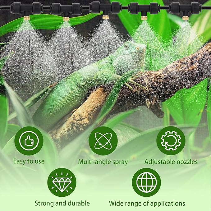 Reptile Terrariums Misting Accessories kit, Reptile Mister Nozzles, with 10 Misting Nozzle, 5 Brass Plugs, 3 Plugs, 1 Misting System Filter, 16ft 1/4 inch Tube, Black