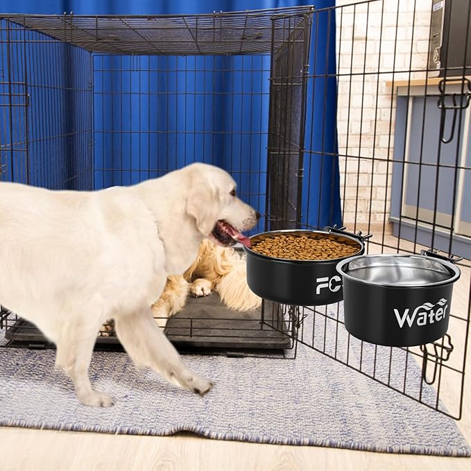 2 Pcs Large Pet Dog Food and Water Bowl Set for Cage, Stainless Steel Non-Spill Kennel Hanging Cats Pets Bowls Crate Feeder Dish with Clamp Holder for Medium Large Dogs Pets (7.1x3.7'' & 7.1x2.5'')