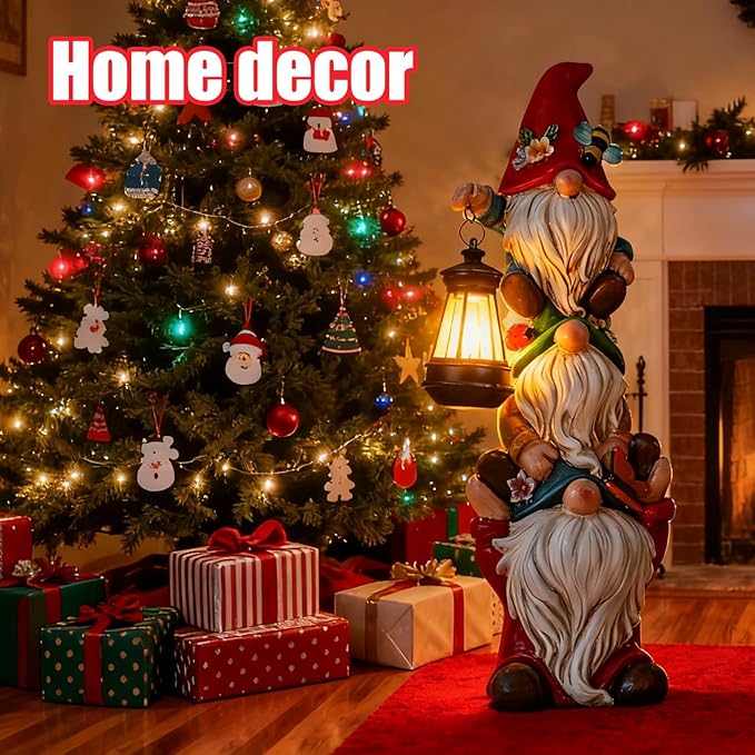 17 in Large Garden Gnome Statue with Solar Lights Sculptures Funny Triple Big Gnome Outdoor Patio Lawn Yard Balcony Garden Home Decor Gifts for Women Mom