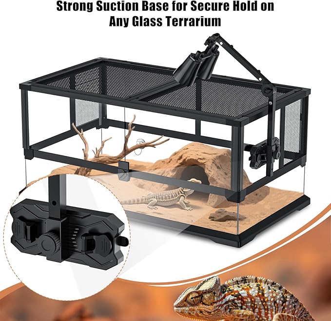 Dual Reptile Lamp Stand with Suction Cups, Adjustable Bracket for Terrariums, Dual‑Head Heat & Basking Lamp Holder with Ceramic Sockets and Separate Switches