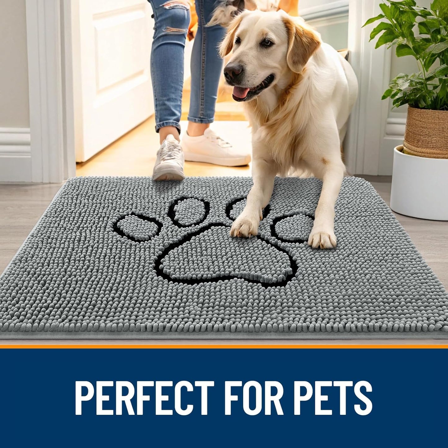 OLANLY Door Mat for Muddy Dog Paws 24x16, Ultra Absorbent Chenille Mud Doormat with Paw Print Design, Non-Slip Washable Doormat for Indoor Entryway, Quick-Dry Pet Bed Mats for Dirty Dogs, Grey