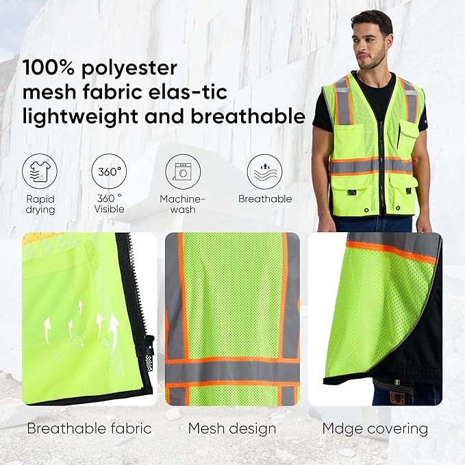 SRsafety High Visibility Vest, Security Vest with 9 Pockets,Mesh Safety Vest for Construction Workers Sanitation Workers