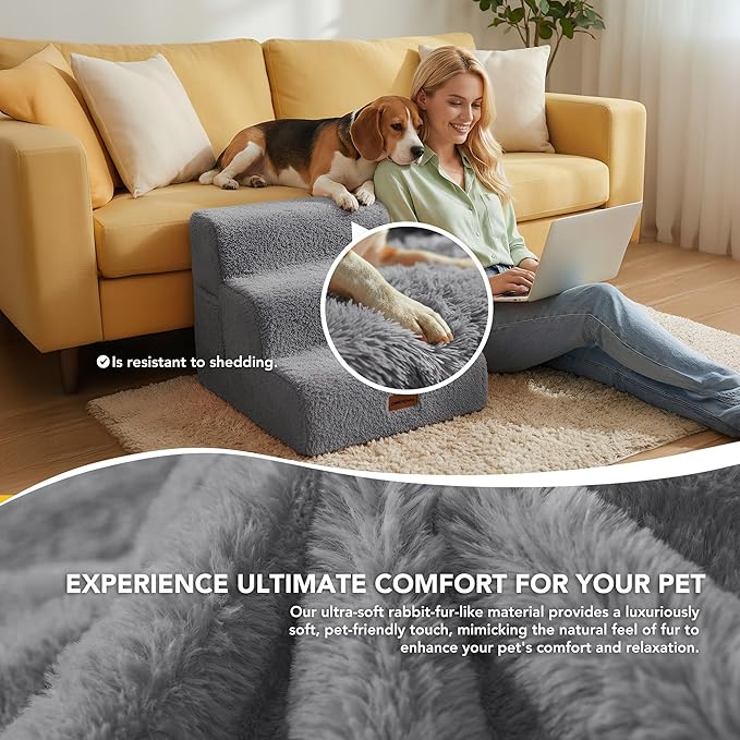 PETNOVO Ultra-Soft Rabbit Fur-Like Dog Stairs for Couch/Bed, Luxury Comfort 2-Step for Small & Senior Dogs, Non-Slip, Removable Washable Cover, Oeko-TEX Certified, 15.7" D x 15.7" Wx 11.8" H, Gray
