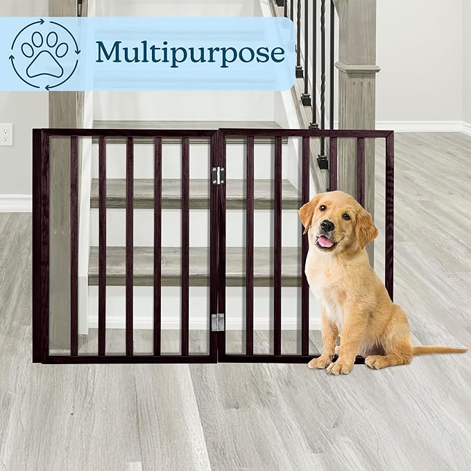 3-Panel Indoor Foldable Dog Fence for Stairs, Hallways, or Doorways - 54x24-Inch Wood Freestanding Dog Gates by PETMAKER (Brown)