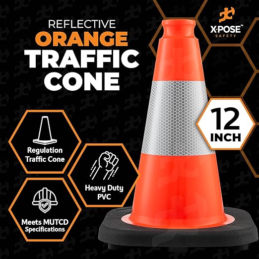 Xpose Safety 12 Inch Orange Traffic Cones with 4" Collar - 4 Pack Multipurpose PVC Plastic Safety Cone for Parking, Soccer, Caution, Kids and Construction - DOT Approved