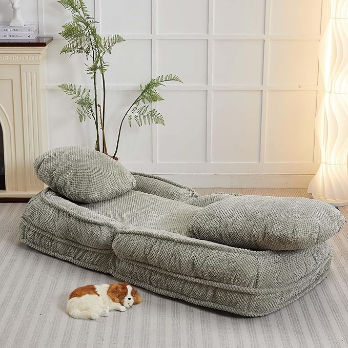Human Dog Bed for Adult and Kids, Comfy Foldable Lazy Floor Sofa Bed with 5 Adjustable Position, Grey Upholstered Floor Bean Bag Lounger Chair for Bedroom, Living Room,Office (Green)