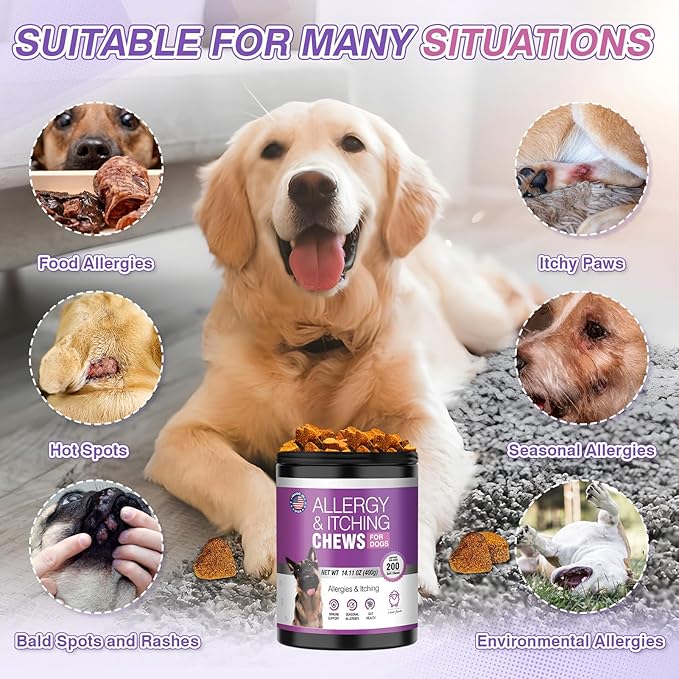 Dog Allergy Chews - Dog Allergy and Itching Skin Relief Anti Itch Aller Immune Bites for Dogs Licking Paws Relief Itchy Chew Probiotics Vitamins for Skin and Coat Allergies - (Lamb, 200 Ct)