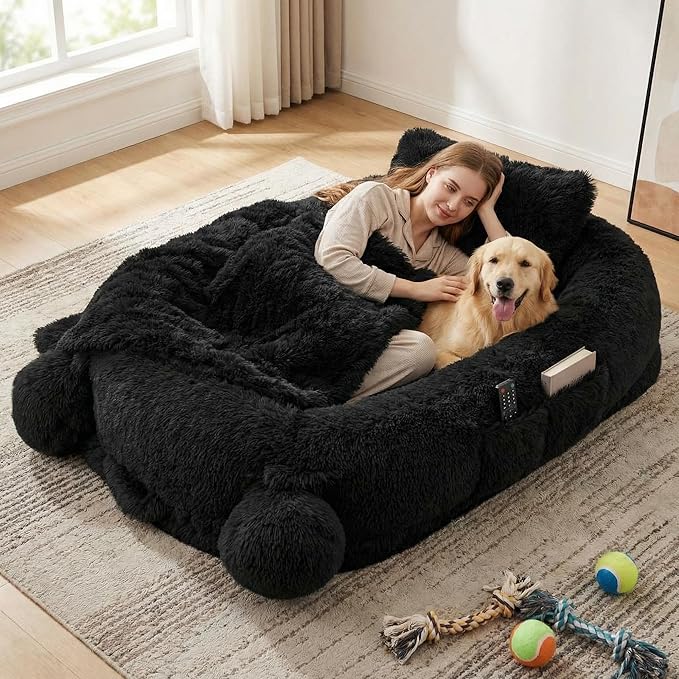 GarveeHome Human Sized Dog Bed, 71" x 45" x 12" Large Dog Bed with 2 Storage Pockets, Fluffy Faux Fur Orthopedic Pet Bean Bed for Adults & Giant Pets - Black