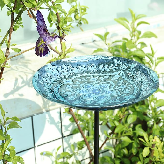 MUMTOP Bird Baths for Outdoors, Glass Birdbath Birdfeeder Bowl with Metal Stake for Outside Garden Yard Lawn Flower Style Decor