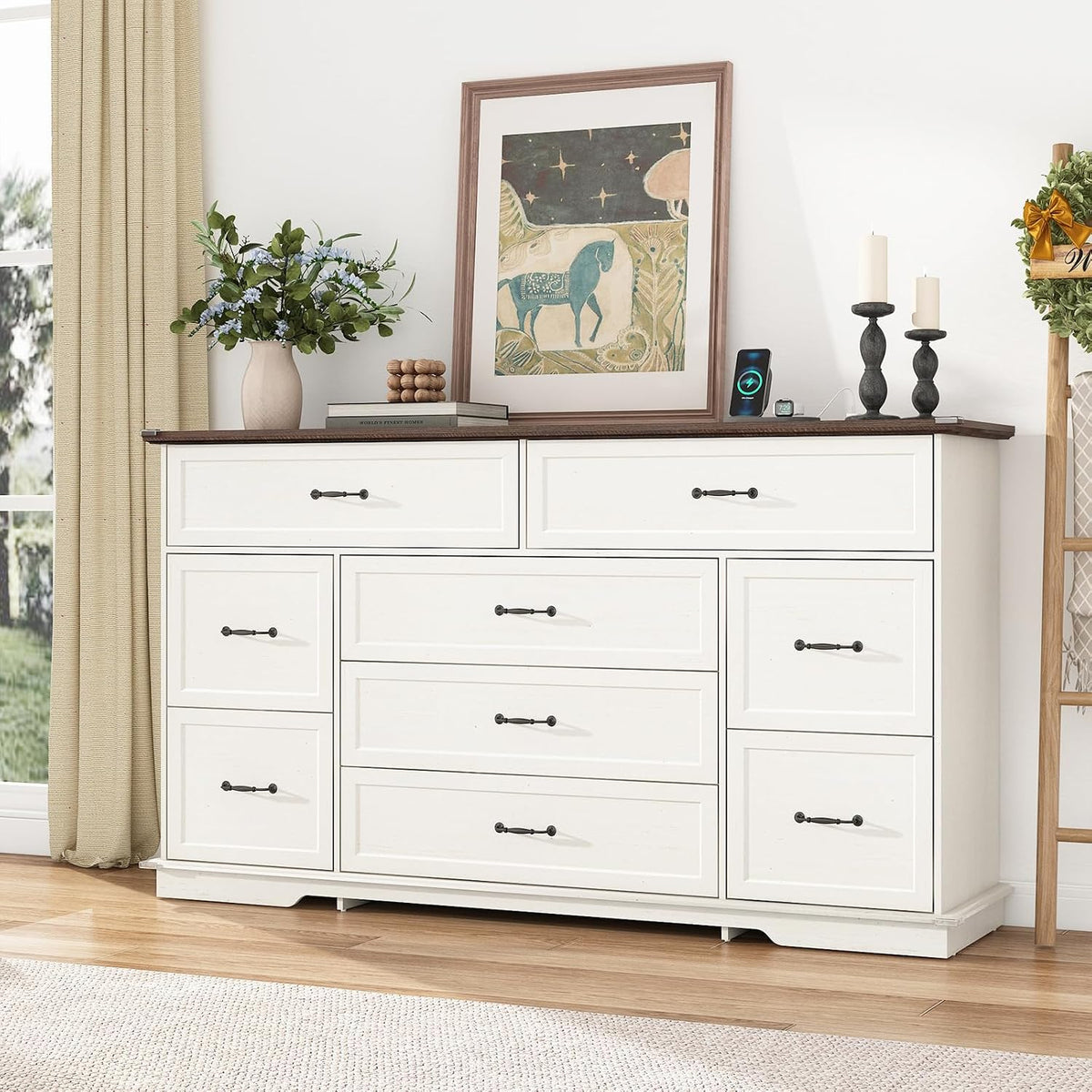 jiteentarou Farmhouse 9 Drawer Dresser for Bedroom,63” Wood Dresser & Chest of Drawers with Power Outlets,Large & Wide Dressers for Bedroom,Tall Storage Dresser Organizer(White)