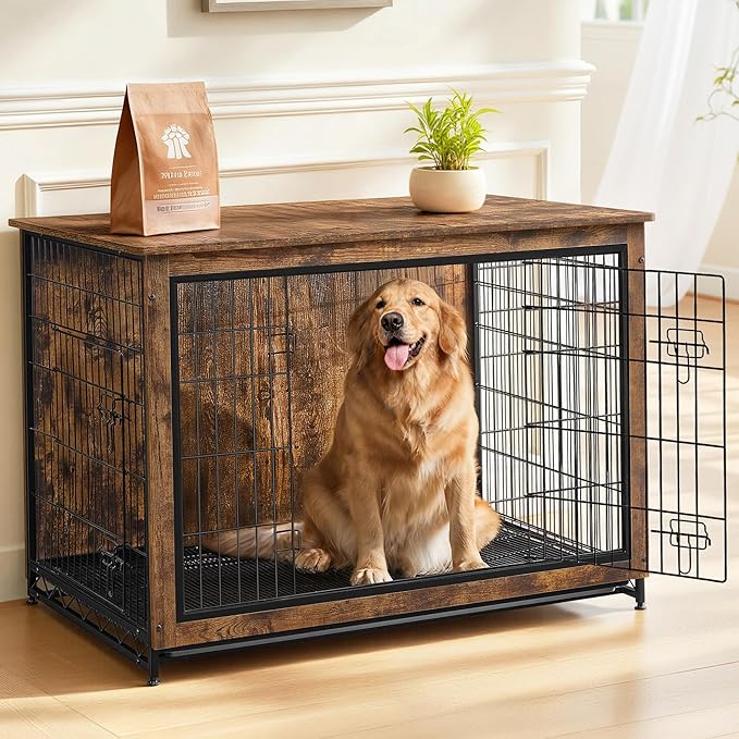 Feandrea 44.1" Dog Crate Furniture, Indoor Dog Cage Side End Table, XL Pet Wood Kennel for Large and Medium Dogs up to 80 lb with Multi-Purpose Removable Tray, Double-Door Pet House, Rustic Brown