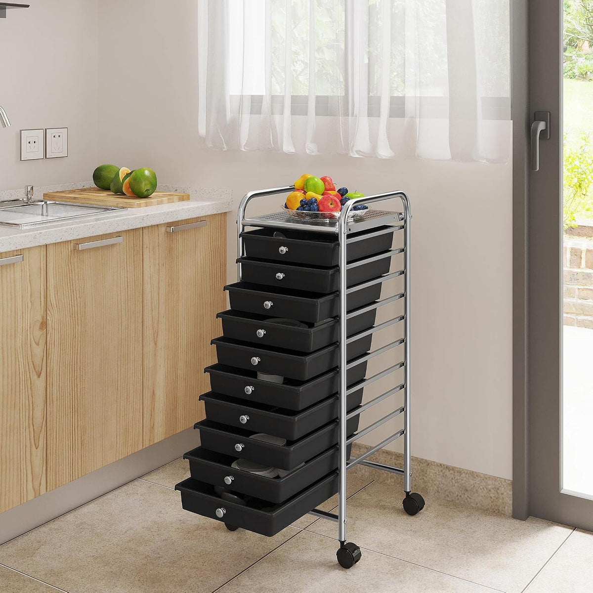 Yaheetech 10-Drawer Rolling Storage Cart with Wheels, Slim Organizer, Black
