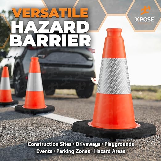 Xpose Safety 12 Inch Orange Traffic Cones with 4" Collar - 4 Pack Multipurpose PVC Plastic Safety Cone for Parking, Soccer, Caution, Kids and Construction - DOT Approved