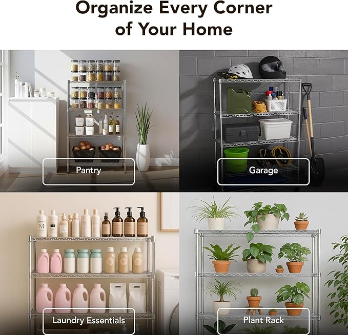 Heavy Duty 4 Tier Wire Shelving Unit Storage Rack, Metal Shelves Utility Organizers, Organization Units for Products, Plant, Pantry, Garage, Laundry Durable Shelf Stand, Chrome, 14"W x 30"L X 48"H