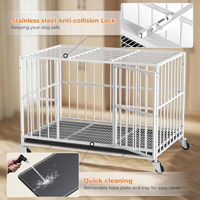 White 48 in Heavy Duty Dog Crate Steel Escape Proof, Indoor Double Door High Anxiety Cage, Removable Tray, Kennel with Wheels,XL XXL