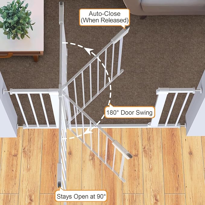 Cumbor 29.7-46" Baby Gate for Stairs, Toddler Safety Essentials for The House, Auto Close Dog Gate for Doorways, Mom's Choice Awards Winner-Easy Install Pressure Mounted Pet Gates for Dogs, White