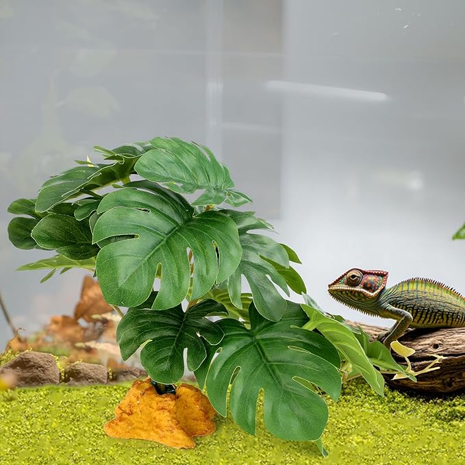 Reptile Plants for Terrarium, Ball Python Tank Accessories, Amphibian Habitat Decor Plant Bearded Dragon Tank Decorations for Gecko Lizard Chameleon Tortoise with Base - Fake Monstera
