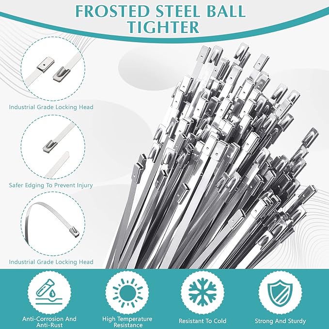 LEIFIDE 100 Pcs Metal Zip Ties 304 Stainless Steel Zip Ties Heavy Duty Self Locking 220 Pound Tensile Strength Cable Suitable for Exhaust Wrapping Fence Outdoor Workshop Canopy(11.8 Inch)