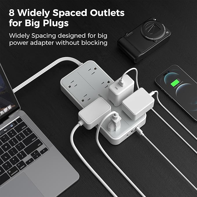 Flat Plug 15 FT Extension Cord, TESSAN Surge Protector Power Strip with 8 AC and 3 USB(1USB-C) Ports, 1080J Protection, Wall Mount Widely Spaced Charging Station for Home, Office, School, Dorm Room