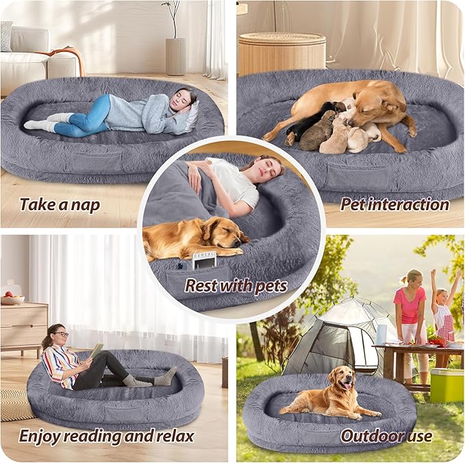 L&W BROS. Orthopedic Human Dog Bed for Large Dogs and Adults, Washable Extra Large Pet Couch with Removable Cover & Blanket, Supportive Memory Foam Lounger 71"x47" (Dark Gray)
