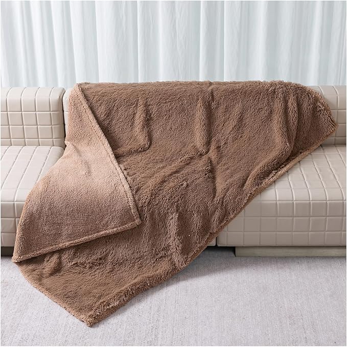 Waterproof Dog Calming Blanket Brown Long Faux Fur Pet Throw Blankets for Couch Sofa Bed Cover Washable(Brown,L-65x57in)