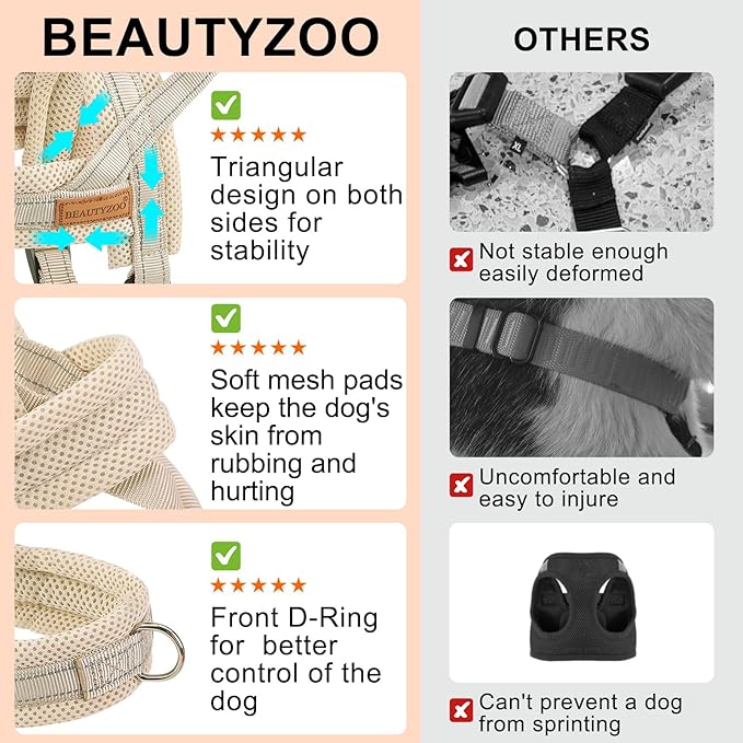 BEAUTYZOO Dog Harness for Small Dogs, No Pull Dog Harness and Leash Set, Soft Escape Proof Puppy Vest Harness with Handle, Reflective Lightweight Step in Harness for Girl Boy Dogs, Beige L