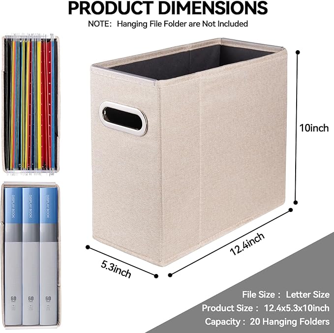 4 Packs Letter Size File Organizer, File Folders Organizer, Fabric Storage Box, Collapsible Paper Organizer with Metal Handle, Smooth PVC Rails, Only Box (Beige)