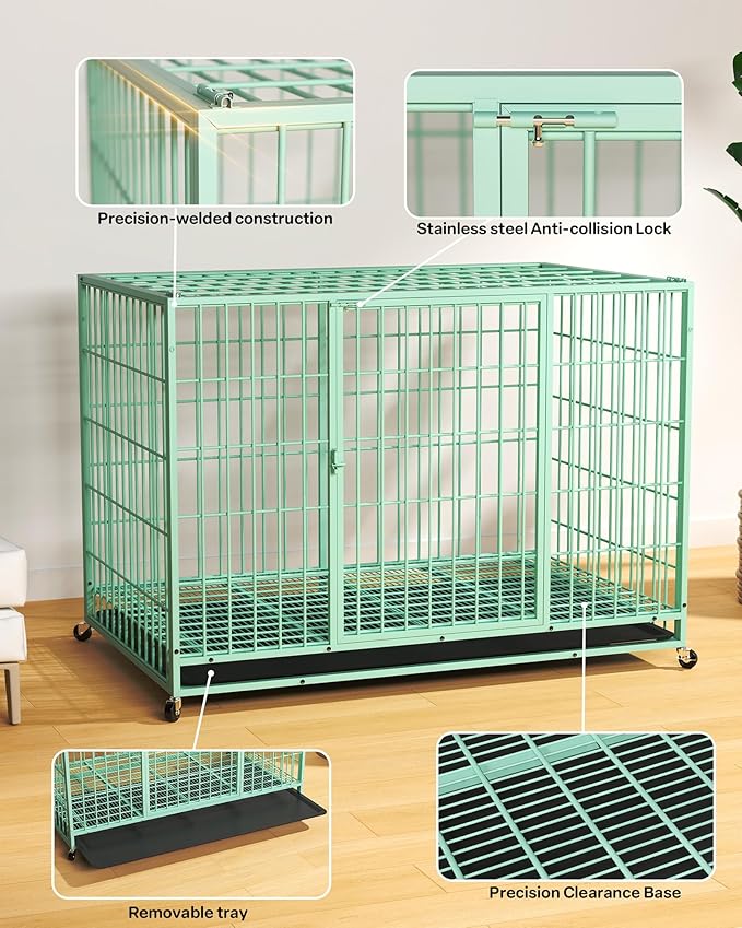 48 Inch Large Dog Crate, Escape Proof Dog Cage with Dual Door Lock and Swivel Casters,Removable Tray for Easy Cleaning, Dog Kennel Indoor Outdoor Use