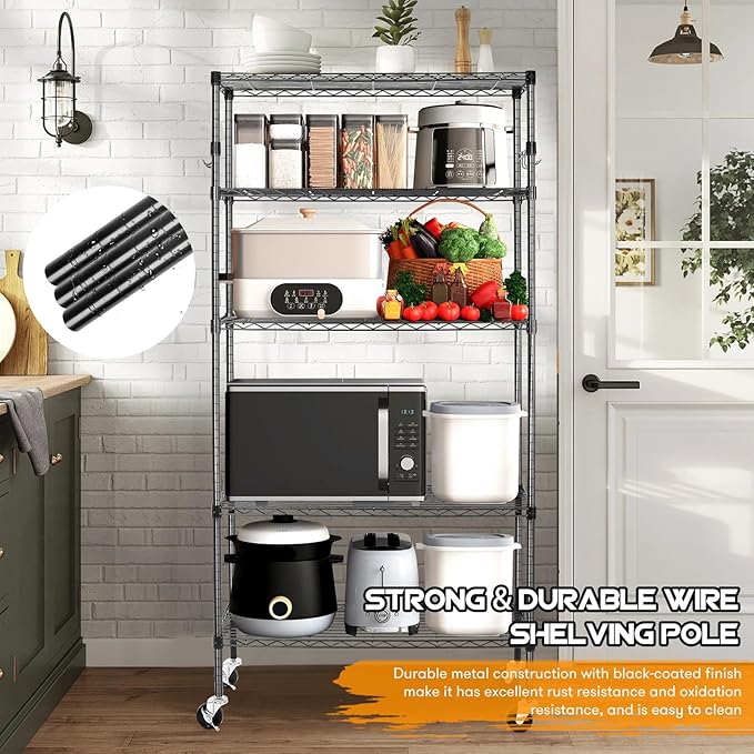 YNN Storage Shelves,1750Lbs 5 Tier Heavy Duty Metal Rolling Shelving Unit with Wheels & 8 Hooks, Adjustable Garage Wire Rack for Kitchen, Bathroom,Industrial,Pantry(36" W x 14" D x 72" H,Black)