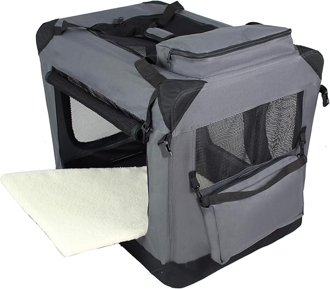 EliteField 3-Door Folding Soft Dog Crate with Carrying Bag and Fleece Bed (2 Year Warranty), Indoor & Outdoor Pet Home (24" L x 18" W x 21" H, Gray)