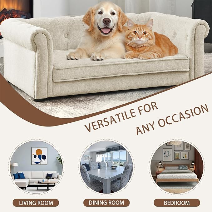 Elevated Rectangle Dog Sofa for Small & Medium Dogs - Comfortable Linen Fabric Dog Bed with Button Tufted Back, Durable Modern and Stylish Pet Bed for Living Room, Bedroom (Beige)