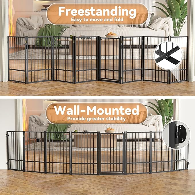 Full Metal Freestanding Dog Gate with Door, 32''Height Foldable Pet Dog Fence for Indoor & Outdoor, 8 Panels Extra Wide Free Standing TallDog Gates for Doorways,House,Stairs,Porch,Deck,Yard
