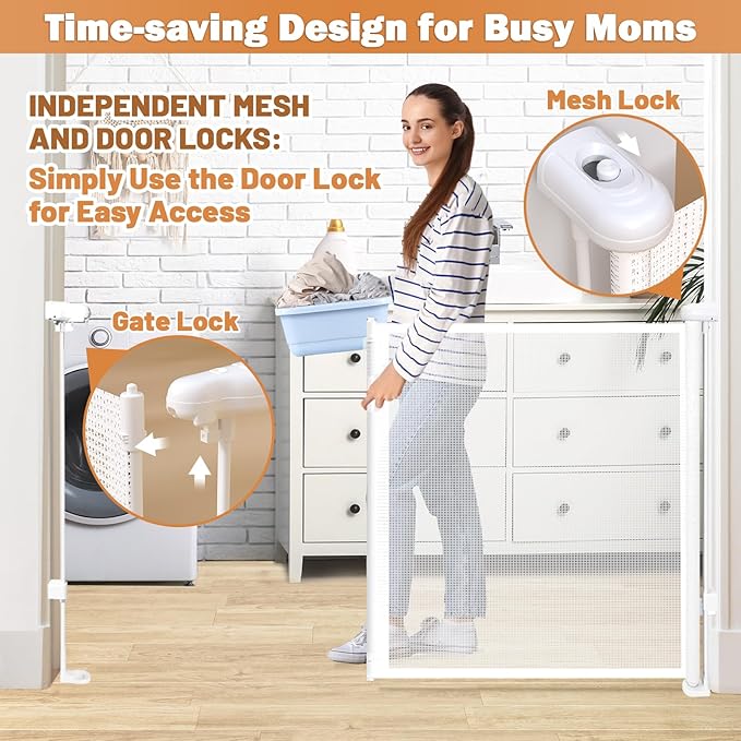 120" Extra Wide Retractable Baby Gates Mesh Gate, Long Retractable Dog Gate for Large Opening, 42" Extra Tall Child Safety Gate Pet Gate with Support Rods for Stairs Hallways Doorways Indoor Outdoor