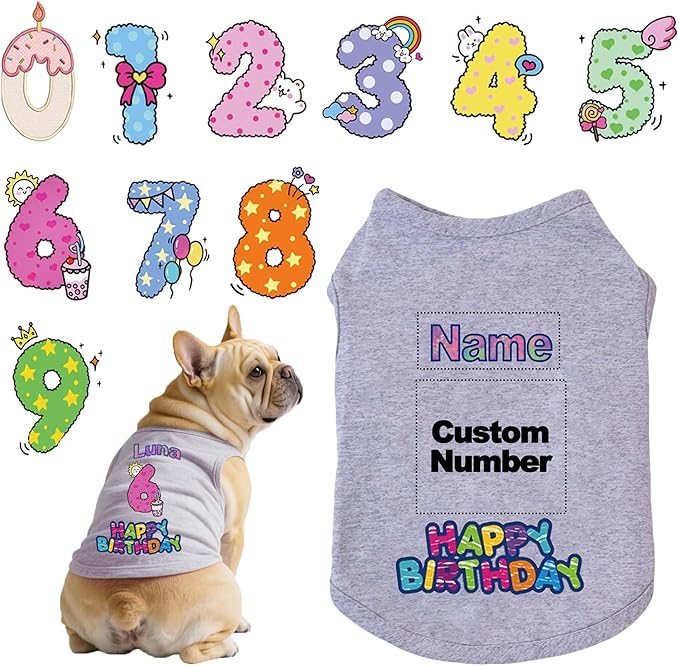 Custom Dog Birthday Shirt,Personalized Pet Apparel Print with Name Age Number,Pet Birthday Outfit,Lightweight Breathable Cotton Vest for Small Medium Large Dogs Cat (Grey, Medium)