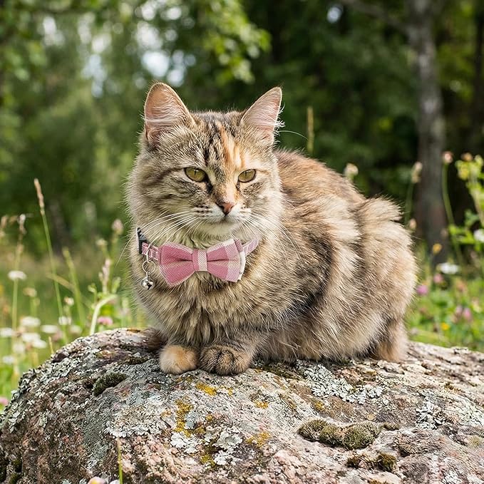 Cat Girl Collar Breakaway Bowtie - Safety Adjustable Cat Collars for Girl Cats with Bell - 7-11 Inches Length Christmas Cats Bow Tie Collar Pink