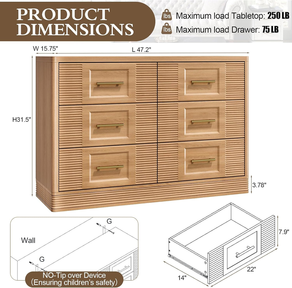 RECHHX 6 Drawer Dresser for Bedroom,Nature Oak Wooden Wide Chest of Drawers