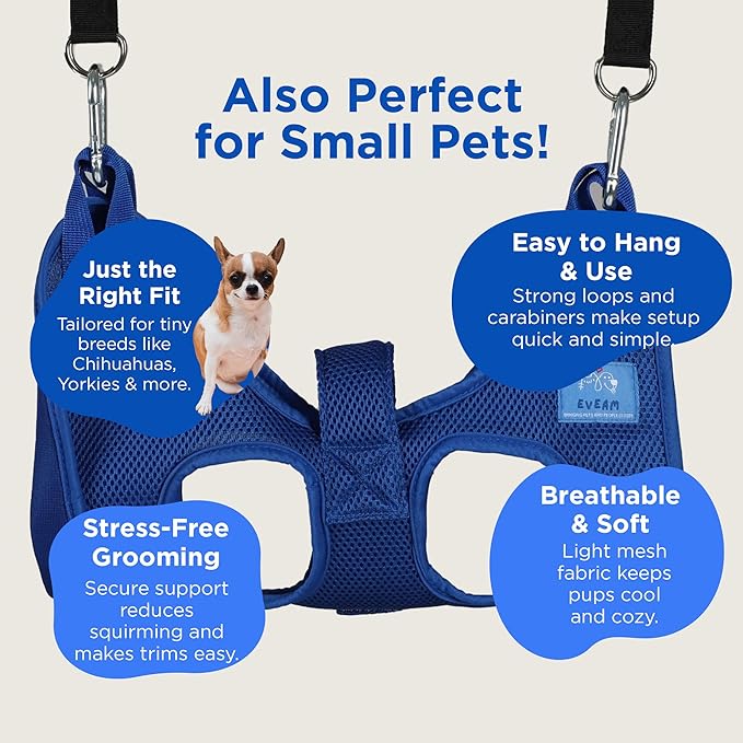 Pet Grooming Hammock for Cats & Small Dogs – Nail Clipping Kit with Sling, Clippers, File, Glove, Straps & Carabiners – Ideal for Trimming & Ear Cleaning – [S/XS] (Blue, Small)