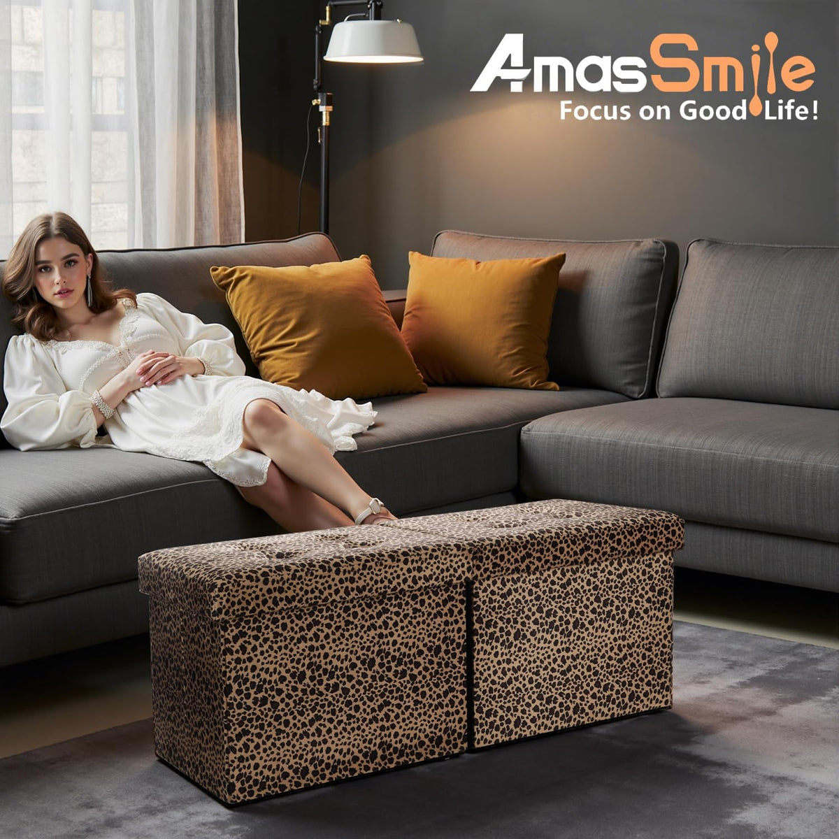 AmasSmile Footrest Ottoman Storage Bench,34" Velvet Folding Chest,Leopard