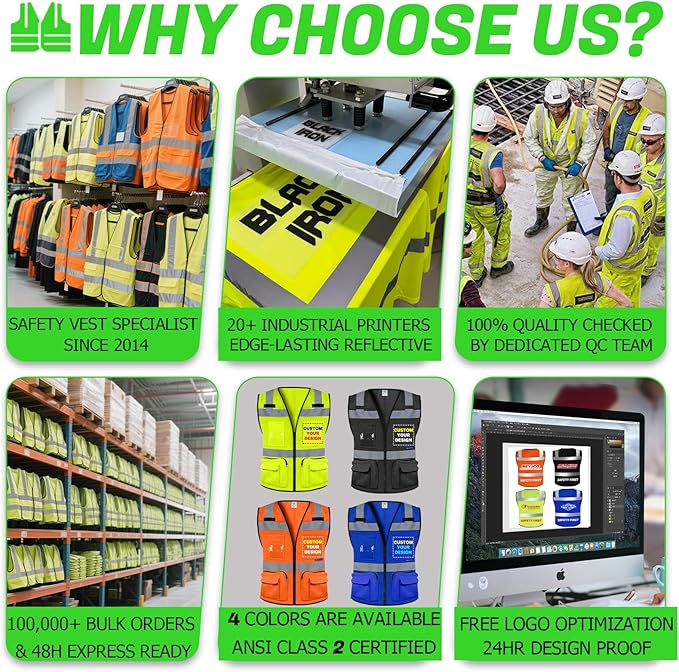 BeautyWill Custom Logo 10 Pack Safety Vest Mesh High Visibility Reflective Vest Customized Logo Utility Zipped Pockets Construction Workwear （Yellow,L）