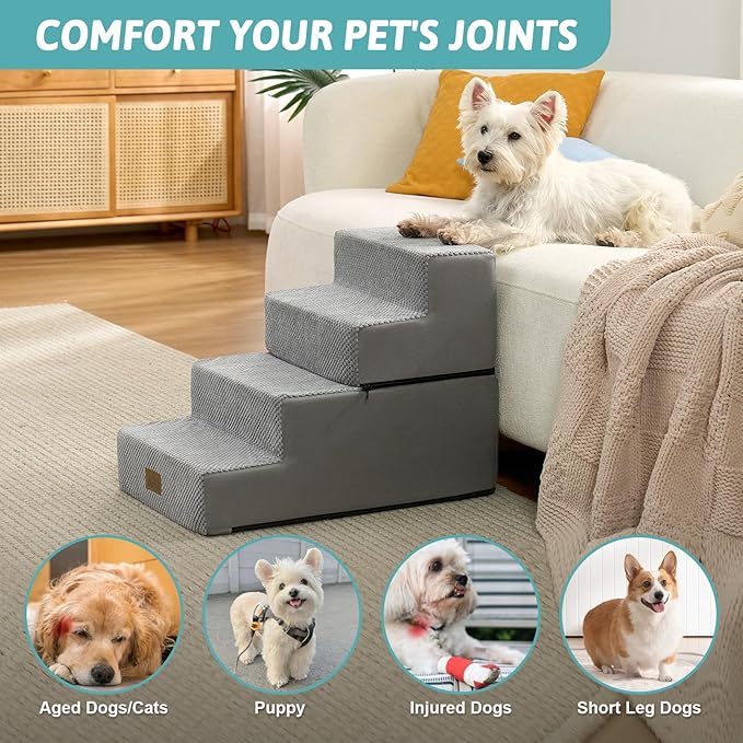 Dog Stairs for Small Dogs, 4 Tier Removable Pet Stairs for Couch and Bed, 17.7" H Dog Steps for Old Cats, Puppy, Small Dogs, 15.7x23.6x17.7 inch, Gray