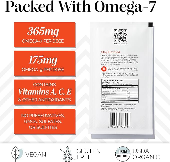 sibu Sea Buckthorn Omega-7 Softgels (30-Day Refill Sachet) – Supplement for Healthy Skin, Hair, Nails and Dryness