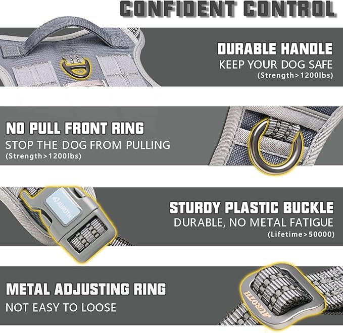 Auroth Tactical Dog Harness for Large Dogs No Pull Adjustable Pet Harness Reflective Working Training Easy Control Pet Vest Military Service Dog Harnesses Grey XL